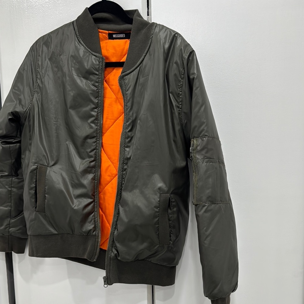Misguided Green and Orange Bomber Jacket with Ribbed Collar